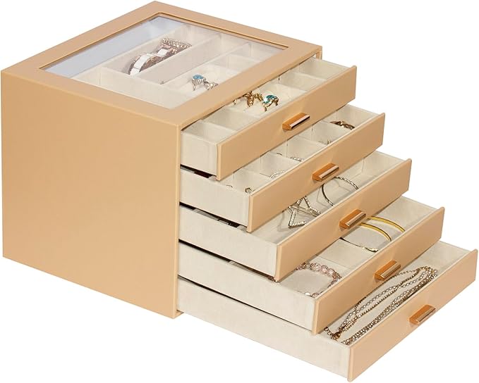 Jewelry Box with Glass Lid, 5-Layer Jewelry Organizer for Women Girls, PU Leather Display Case with 20-Grid Earring Tray & Movable Dividers for Necklaces Rings,Camel