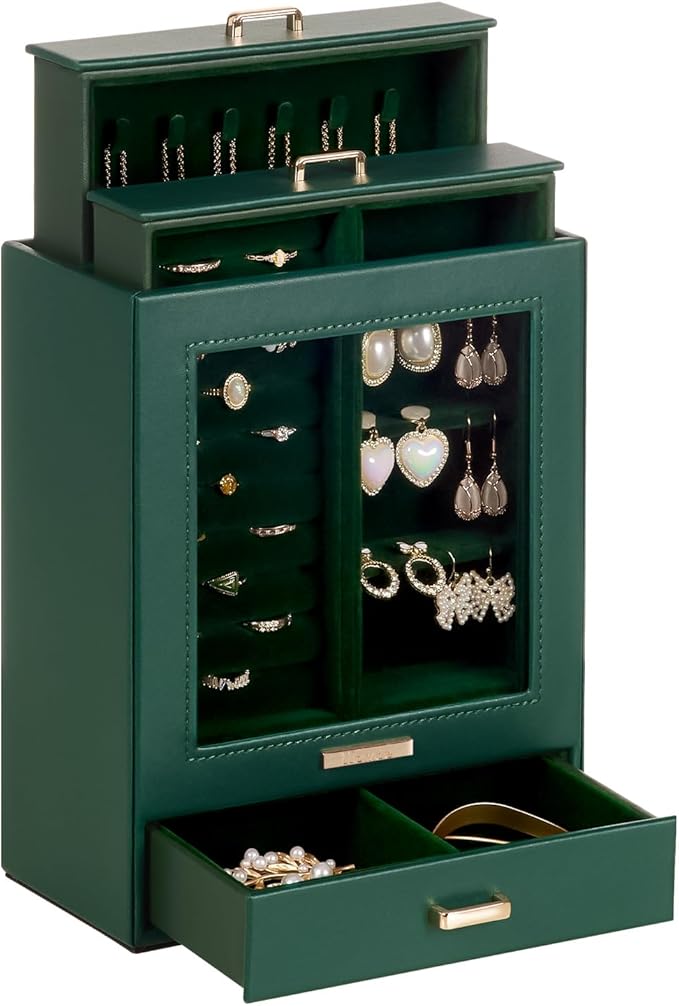 Homde Mothers Day Gifts Jewelry Organizer Girls Women Jewelry Box for Necklaces Rings Earrings Gift Bracelets Storage Case (Forest Green + Gold)