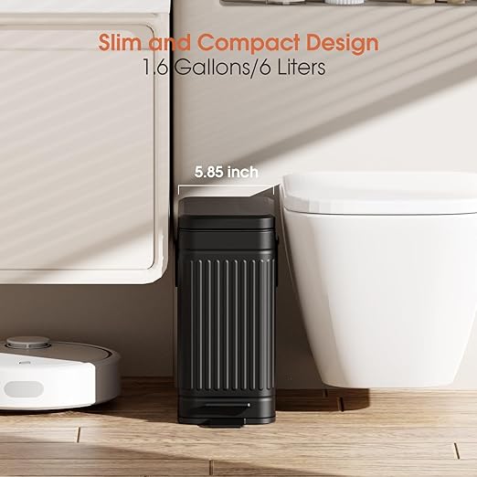 Small Bathroom Trash Can with Lid Soft Close, 6L / 1.6 Gallon Stainless Steel Small Garbage Can with Step Pedal, Slim Waste Basket for Bedroom, Toilet, Office - Black
