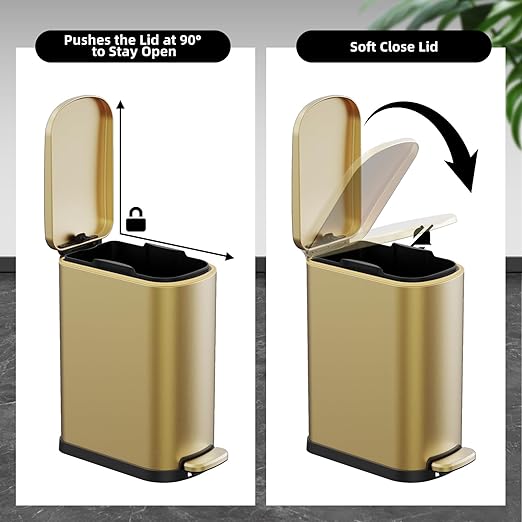 KSSKSS 2.6 Gallon Slim Bathroom Trash Can with Soft Close Foot Pedal, 10L Stainless Steel Garbage Can with Removable Liner Bucket, for Narrow Spaces, Bedroom, Gold