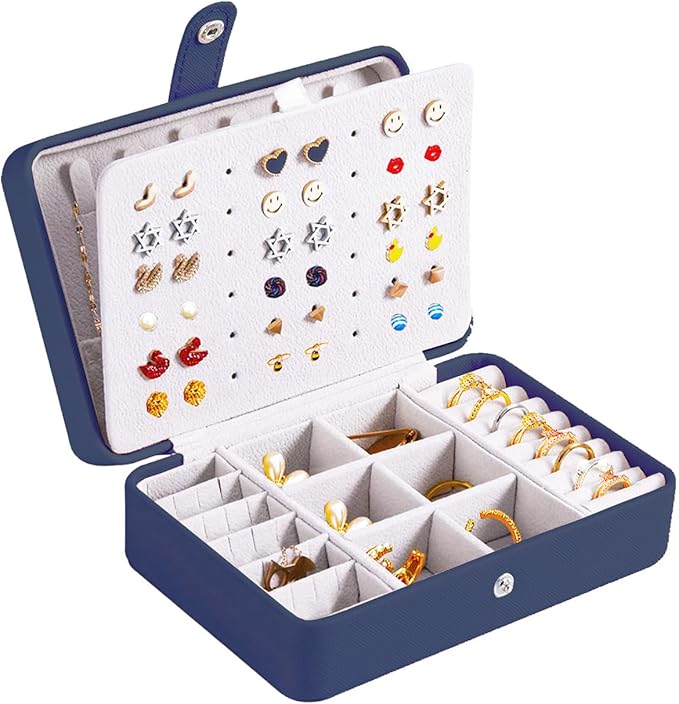 QBestry All-in-One Travel Jewelry Organizer for Women Navy | Small Jewelry Box with 68 Earring Holes | Compact Portable Jewelry Case for Earrings, Rings, Necklaces | Perfect Gifts for Mom Wife Girls
