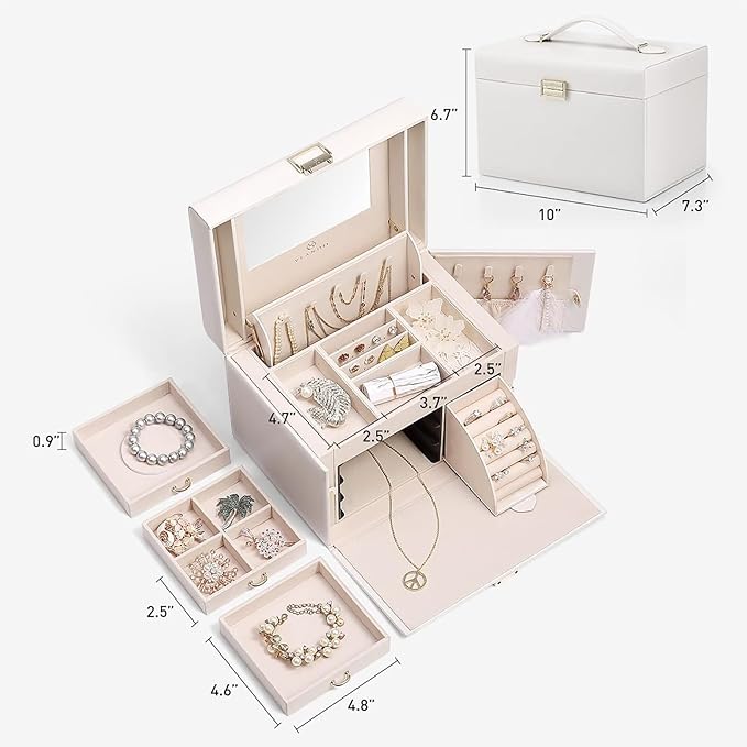 Vlando Mirrored Jewelry Box Organizer, Leather Jewelry Storage Case, Necklaces Earrings Rings Brackets Box Holder, Pearl White