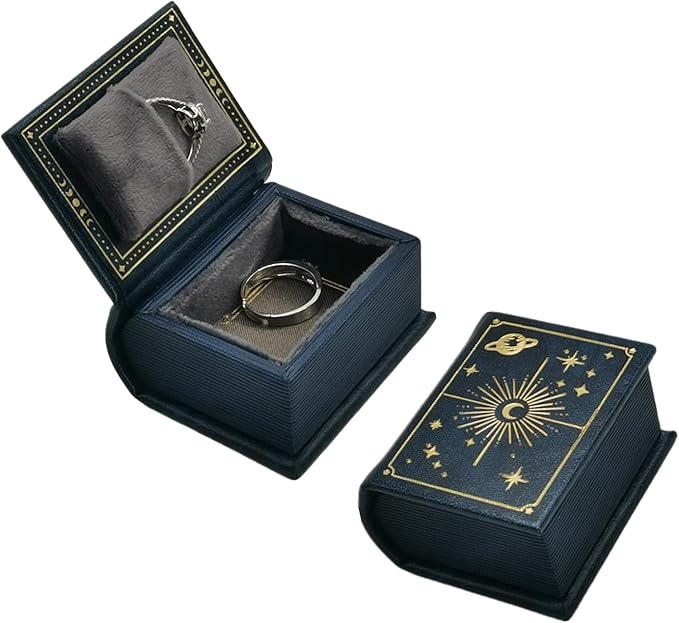 Book Shaped Ring Box - Vintage Engagement Ring Box with Hinged Lid for Proposal Engagement Wedding, Proposal Ring Case with Magnetic Closure-PRB011-Blue