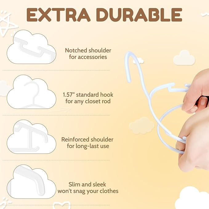 VILICK Kids Plastic Hangers, Baby Clothes Hangers for Closet 50 Packs Non-Slip Toddler Hangers for Infant Child Clothing, Small Children, for Pants Coats Skirts (White)
