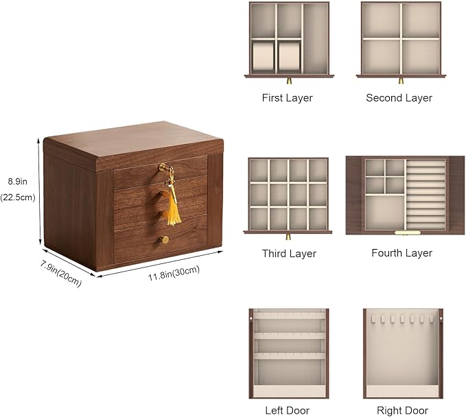 CHOSIN Black Walnut Wooden Jewelry Box, 4 Layer Lockable Wood Jewelry Organizer with Mirror, Side Doors & Brass Handle, Classical Design for Rings, Necklaces, Earrings, Mothers Day Gifts for Mom