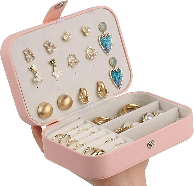OceeK Travel Jewelry Box,Travel Jewelry Case for Girls Women Mothers, Jewelry Organizer Case, PU Leather Pink,1 Pack