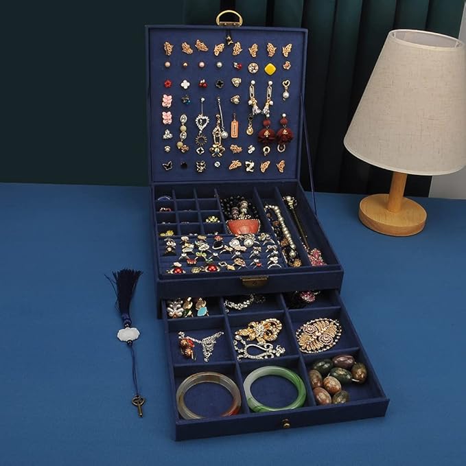 Women Jewelry Box Lockable 3 Layers Large Jewelry Organizer Storage Case for Earrings Necklaces Rings Bracelets,Green Display Jewel Holder (Navy)
