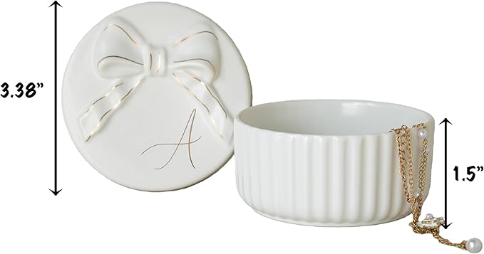 COLLECTIVE HOME Monogram Initial Jewelry Box with Bow - Elegant Ring Holder & Earring Dish | Christmas Gift Idea for Women, Unique Birthday Present for Her (S)