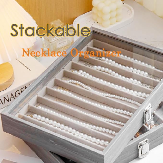 Glass Lid Necklace Organizer Box Transparent Necklace Holder Organizer Velvet Necklace Display Box Clear Lid Jewelry Storage Stackable Necklace Display Case for Women Girls (Grey)