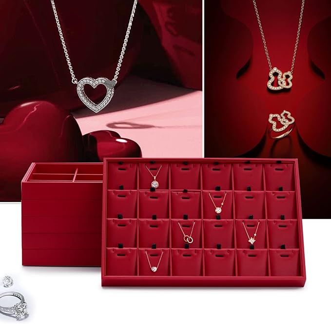 Oirlv Gorgeous Red Leather 24 Gird Jewelry Tray Stackable Jewelry Drawer Organizer Rings Earrings Organizer Storage