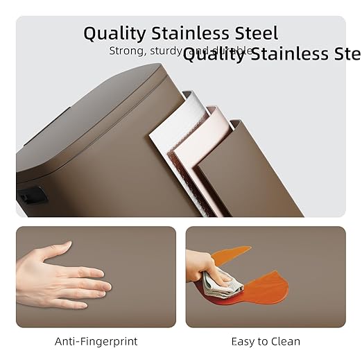 KUK 13 Gallon Kitchen Trash Can with Lid, 50L/13Gal Office Step Garbage Can for Home, Kitchen, Laundry Room, Office, Brushed Stainless Steel, Brown