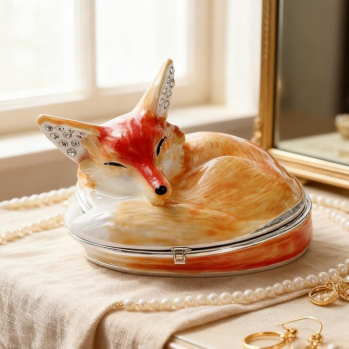Hand Painted Trinket Box Enamel Vintage Jewelry Box Sleeping Fox Hinged Metal Jewelry Organizer Decorative Treasure Box Unique Gifts for Animal Lover