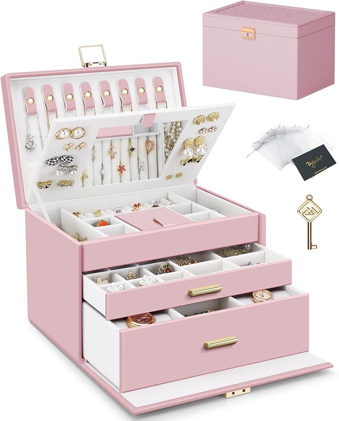 DesignSter Jewelry Box for Women Girl, 3-layer Lockable Jewelry Organizer with Mirror, Large Leather Jewelry Case for Earring Necklace Ring Bracelet Watch