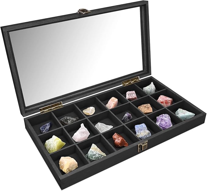 MOOCA Wooden Jewelry Display Case with Tempered Glass Lid & 18 Compartments Tray, Rock Collection Box, Crystal Display Case, Black Color