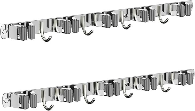 CUXIXA 2 Pack Mop and Broom Holder Wall Mount, Non-slip Broom Hanger Wall Mount, Heavy Duty Mop Broom Organizer for Kitchen Garden Garage Laundry Room Wall Decor Organization and Storage Silver 5R4H