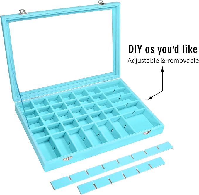 Siveit Velvet Jewelry Tray 48 Grid Jewelry Display Tray Organizer Box with Transparent Lid Rings Earrings Necklaces Pendants Display Box Suitable for Women and Girls (Light Blue)