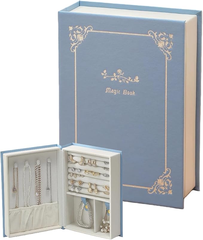 PU Leather Book Jewelry Organizer Box with Magnetic Closure, Stylish Jewelry Box for Women and Girls,Travle Jewelry Case for Rings Necklaces Earring (Blue)