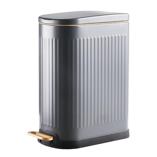 SYNCVIBE Slim Bathroom Trash Can with Soft Close Lid Stainless Steel Garbage Can Step Trash Bin with Removable Inner Bucket for Bedroom, Office, Kitchen (Matt Grey, 3.5 Gallons)