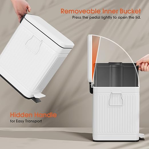Small Bathroom Trash Can with Lid Soft Close, 6L / 1.6 Gallon Stainless Steel Small Garbage Can with Step Pedal, Slim Waste Basket for Bedroom, Toilet, Office - White