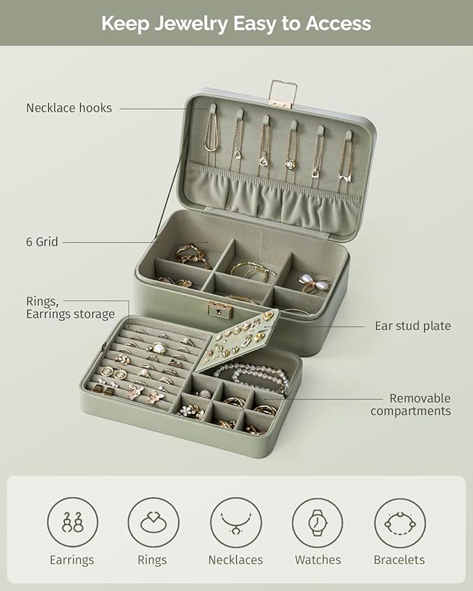 Jewelry Box, 2-Layer Jewelry Holder Organizer with Lock, Removable Jewelry Tray for Earrings Necklaces Bracelets, Green
