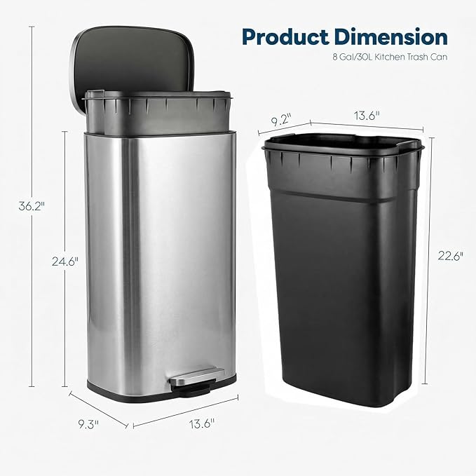 8 Gal Kitchen Trash Can, 30L Recycling or Garbage Bin, Brushed Stainless Steel Waste Basket, Soft&Quiet Close Dustbin, with Step-On Pedal, Removable Inner Bucket, for Home, Office, Living Room