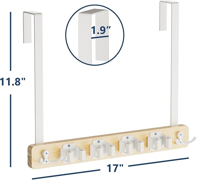 Lorbro Broom Holder Door Mount, Over the Door Broom and Mop Holder with 2 Over Door Hooks, Wood Broom Hanger, Tool Rack Organizer for Laundry, Garage, Closet, Kitchen Decor, 4 Slots & 4 Hooks Rustic