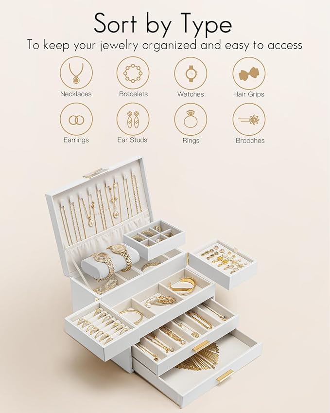 VLANDO 4 Layers Jewelry Box - Women Jewelry Box with Retractable Tray - Jewelry Organizer with Drawer for Necklaces, Rings, Bracelets, Earrings, Gift for Couples Mom Girls - White