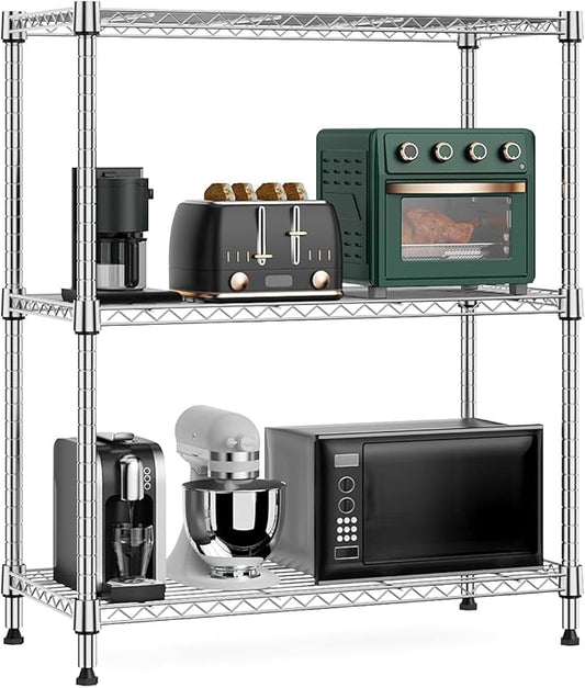 M MZG 750 lbs 3 Tier Storage Rack Metal Wire Shelving Unit, Storage Standing Shelf Organizer for Laundry Bathroom Kitchen Pantry Closet Garage Basement Utility Room, Chrome 13.8" D x 29.5" W x 35.5" H