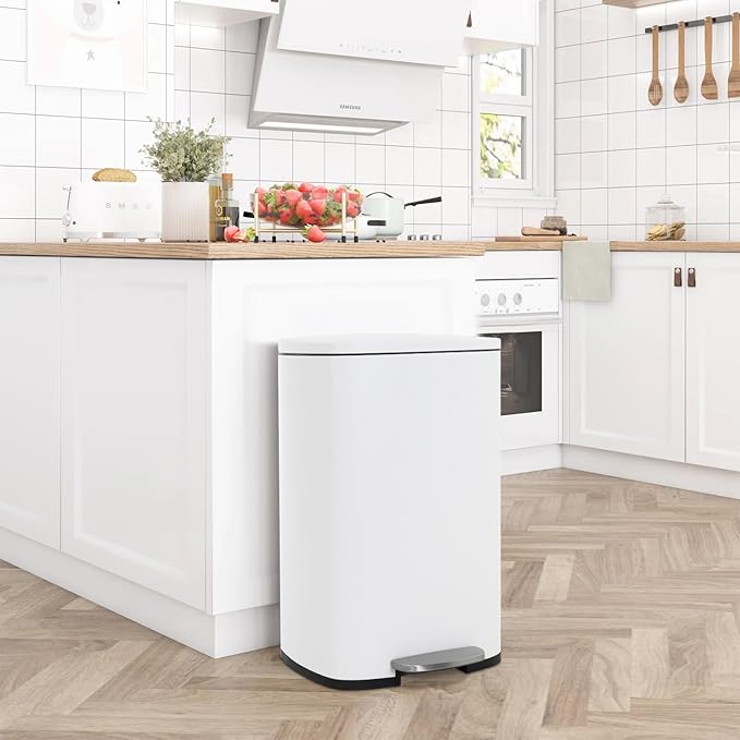 FDW | 13 Gallon Trash Can with Lid | White | Fingerprint-Proof | Made of Brushed Stainless Steel | Soft-Close Step Pedal | Hands-Free Use | Easy to Clean | for Kitchen, Office, Bathroom