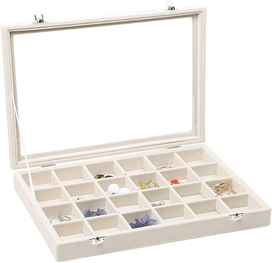 Stratalife Jewelry Organizer Jewelry Tray with See-through Lid 24 Grids Earring Display Showcase Large Velvet Storage Box for Earring Necklace Rings Dice Beige