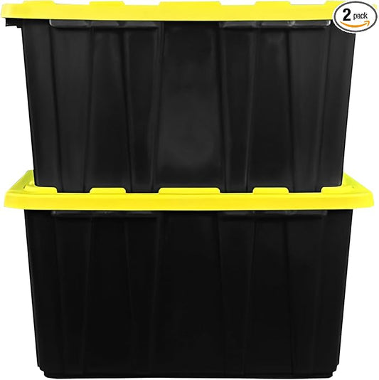 BLACK & YELLOW 27-Gallon Storage Bin with Snap-on Lid, Heavy Duty Plastic Storage Bins with Lid, Stackable, 2 Pack