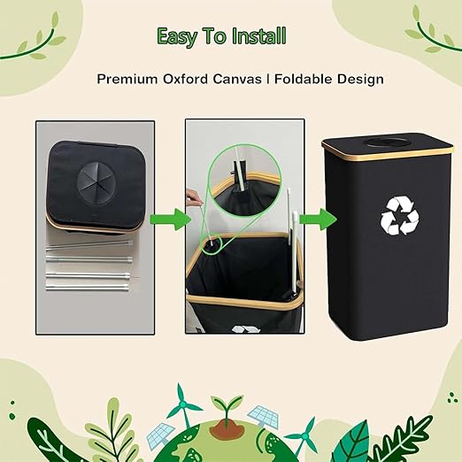 Recycling Bin for Kitchen Indoor Home,Beige Color Large 100L/ 26 Gallon Recycle Bin with Lid Removeable Reusable Inner Bag Bottle Can Glass Waste Plastice Stickers