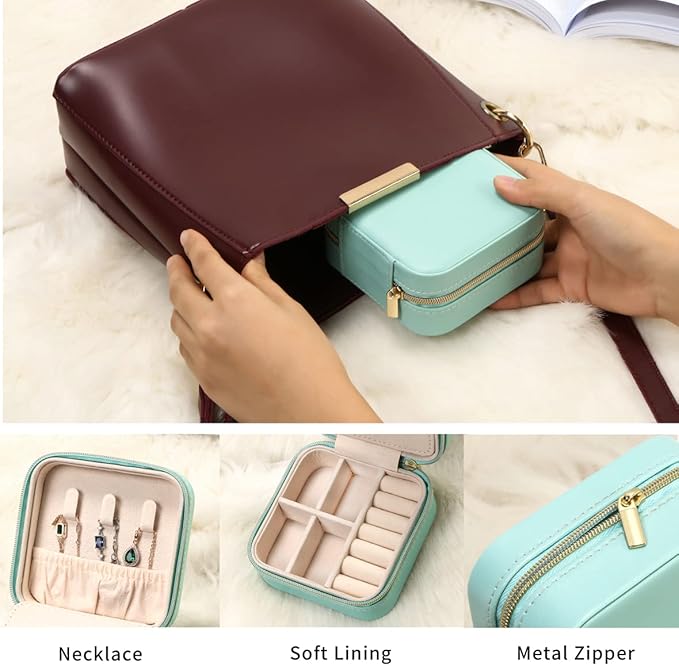 Jewelry Case with Mirror, Small Travel Jewelry Organizer, Portable Mini Storage Box for Rings, Earrings, Necklaces, Gift for Mother Mom, Girl, Daughter, Sisters, Bridesmaids, Mother's Day Gift (Blue)