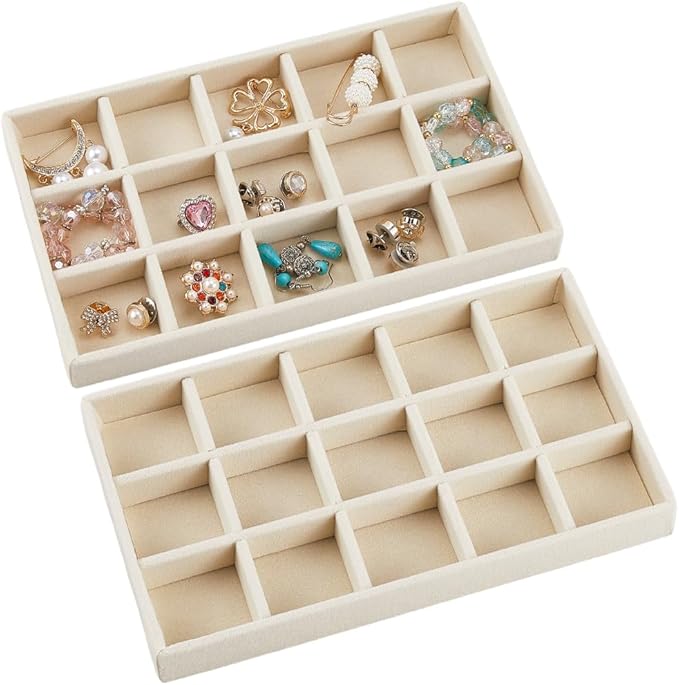 2Pcs 5 x 8.3 Inch Stackable Jewelry Trays Earring Holder Organizer Antique White 15 Grids Velvet Dresser Jewelry Drawer with Removable Divider for Bracelet Ring Watch Trinket Display Showcase