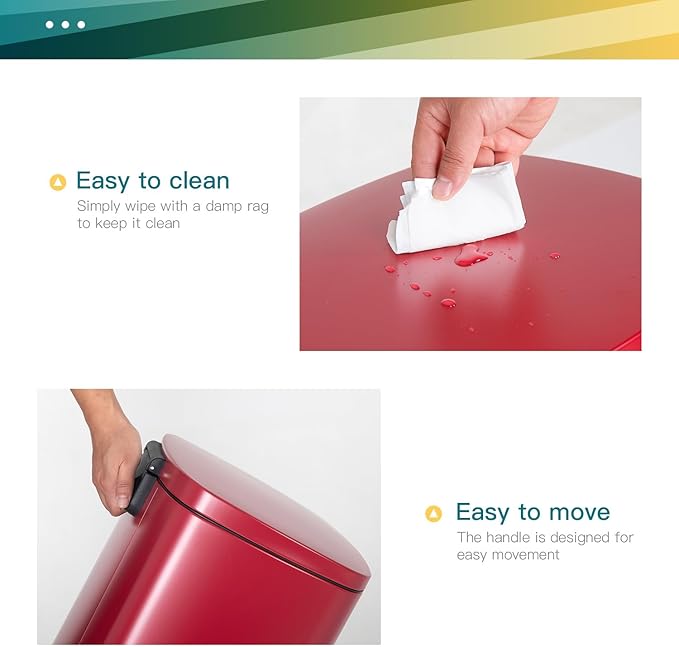 FDW | 13 Gallon Trash Can with Lid | Red | Fingerprint-Proof | Made of Brushed Stainless Steel | Soft-Close Step Pedal | Hands-Free Use | Easy to Clean | for Kitchen, Office, Bathroom