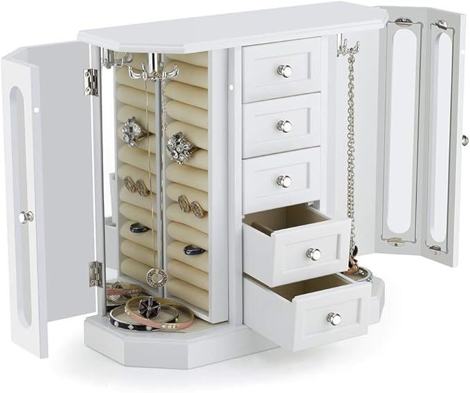 RR ROUND RICH DESIGN Jewelry Box - Made of Solid Wood with Cabinet Type 5 Drawers Organizer and 2 Separated Open Doors on 2 Sides and Large Mirror White
