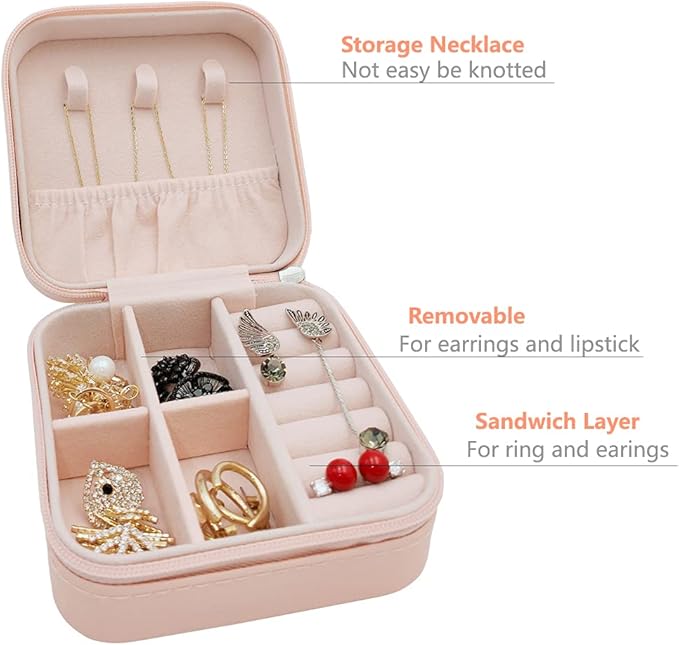 TRODANCE Mini Jewelry Case, Small Travel Jewelry Organizer, Portable Jewelry Box Mini Storage Organizer Display Box For Rings Earrings Necklaces (Pink-4)