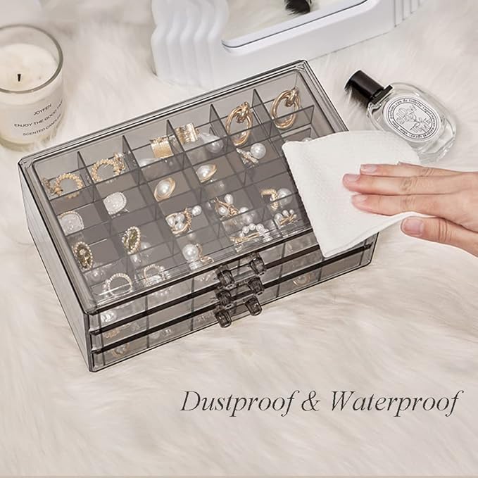YUFONG Earring Storage Box Organizer 3 Drawers Acrylic Jewelry Storage Box Holder Transparent Jewelry Display Stand with 72 Small Compartments Gift for Women Girls (Clear Black)