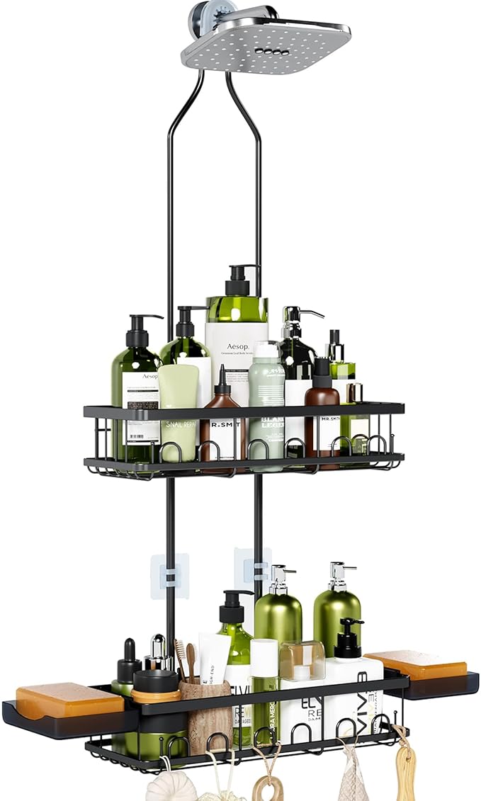 Skyapex Shower Caddy Hanging: Adjustable Height Organizer for Over Showerhead - Black Rustproof Shower Shelves with Hooks & 2 Soap Holders