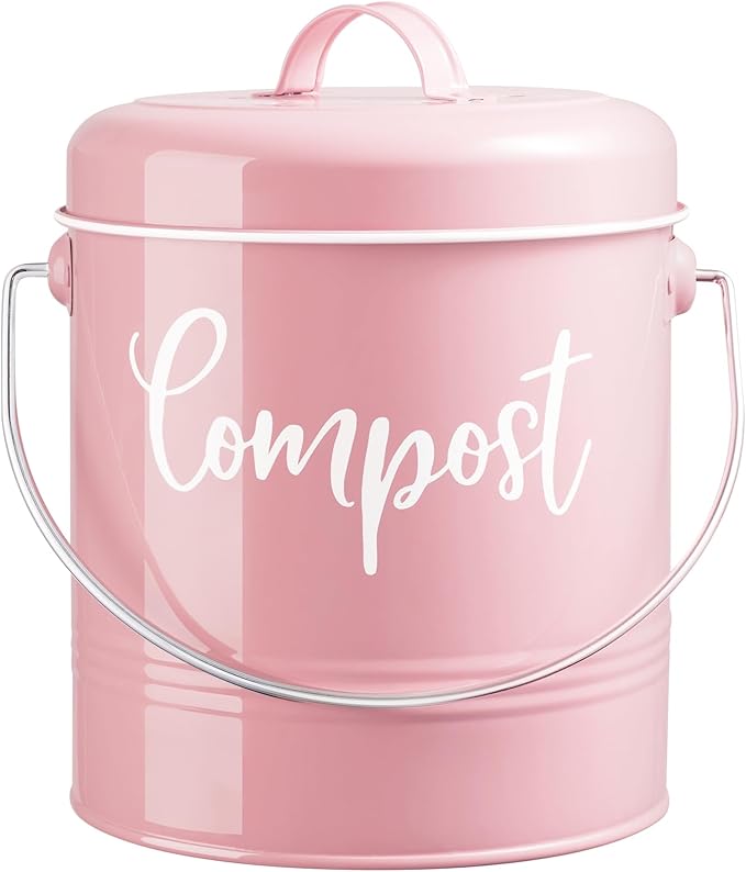 DAYYET Compost Bin Kitchen, 1.3 Gallon Farmhouse Kitchen Compost Bin Countertop, Indoor Countertop Compost Bucket with Lid and Charcoal Filters, Pink