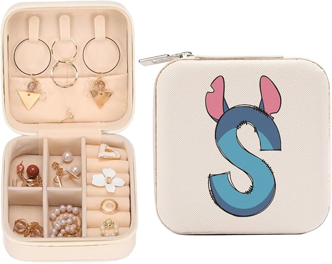 LONGXIN Cute Cartoon Gifts, Initial Travel Jewelry Case Small Jewelry Box Organizer, Personalized Gifts for Women Teen Girls, Birthday Christmas Gifts for Cartoon Lovers, Letter S