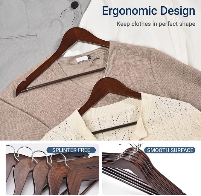 Amber Home 30 Pack Walnut Wooden Coat Hangers, Vintage Wood Suit Hangers with Non-Slip Pant Bar, Clothes Hangers for Closet Organization, Shirts, Jackets, Dresses, and Pants (Retro, 30)