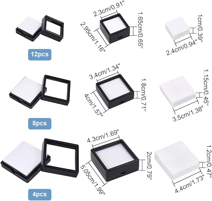 BENECREAT 24 Pack 3 Size Black Gemstone Display Box, Diamond Show Case Container with Clear Top Lids for Gems, Jewelry Packing