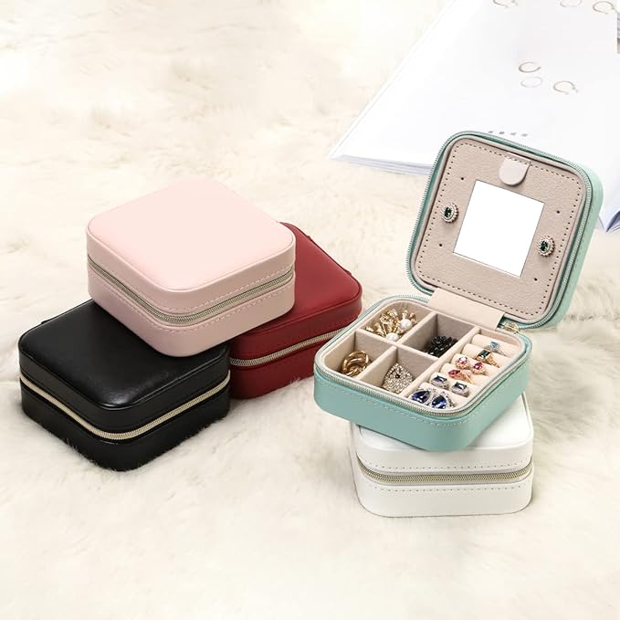 TRODANCE Jewelry Case with Mirror, Small Travel Jewelry Organizer, Portable Jewelry Box Mini Organizer Display Storage Box For Rings Earrings Necklaces (4Color - 4packs)