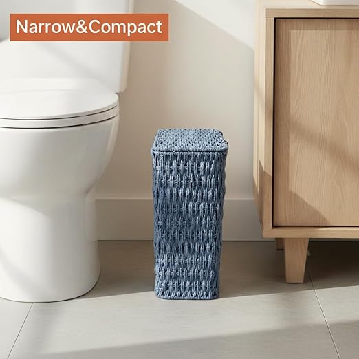 Coeusy 3 Gallon Paper Rope Bathroom Trash Can,Small Wicker Trash Cans with Lid and Liner,Woven Rattan Narrow Waste Basket for Bedroom,Office,Blue