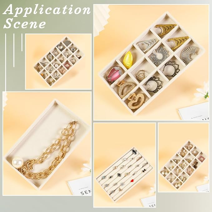 2Pcs 5 x 8.3 Inch Jewelry Box Tray Velvet Jewelry Drawer Insert Antique White 18 Grids Divided Stackable Necklace Storage Container Dresser Drawer Case for Earring Rings Display Showcase