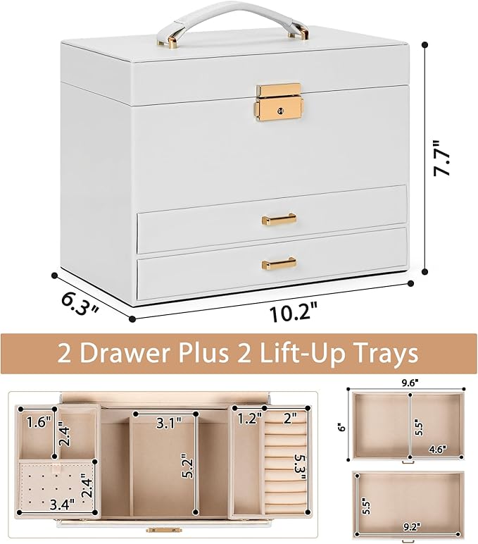 AKOZLIN Travel Jewelry Box Organizer Functional 2-trays Leather Jewelry Storage Case with Lockable Portable 2 Drawers for Women Girls Ring Necklace Earring Bracelet