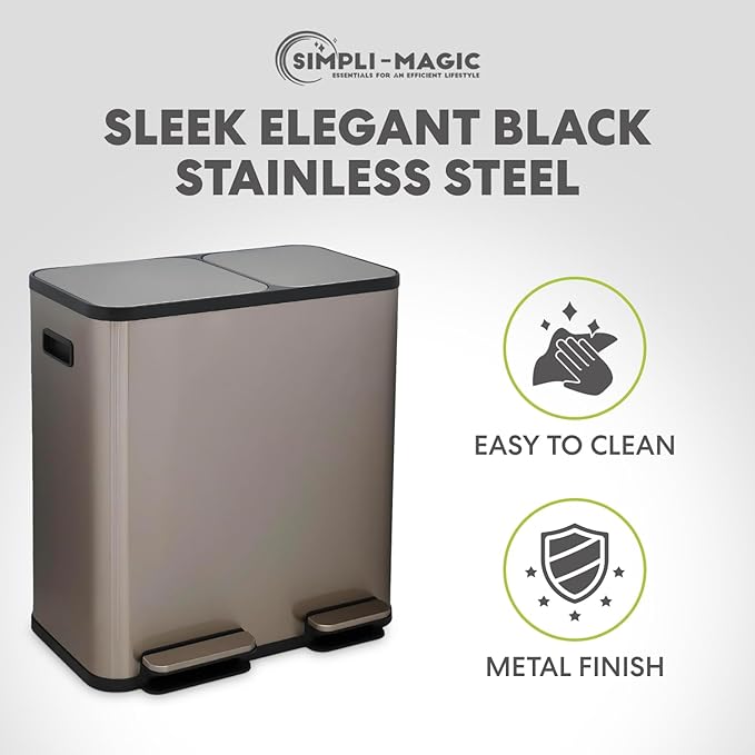 Simpli-Magic 70 Liter / 18.5 Gallon Rectangular Hands-Free Dual Compartment Recycling Kitchen Step Trash Can with Soft-Close Single Lid, Stainless Steel (40L x 30L Capacity) Rose Gold Finish