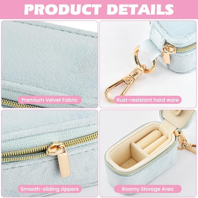 Velvet Mini Travel Jewelry Case, 2 in 1 Ring Holder Keychain + 50 Plastic Earrings, Portable Small Jewelry Organizer for Women, Travel/Gym/Wedding/Bridesmaid Gift