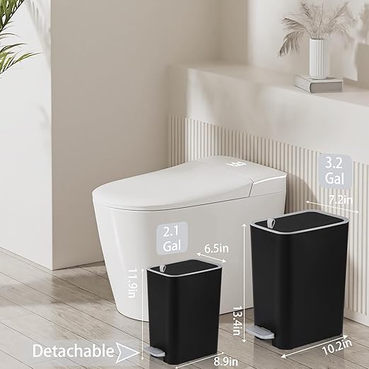 rejomiik Small Bathroom Trash Can with Lid, 2.1 Gallon Step Garbage Can with Handle, Slim Mini Wastebasket Bin for Bedroom, Office, Dorm, Black
